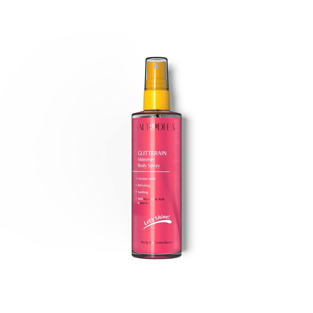 Spray corps scintillant Glitterain Pink Shimmer noix de coco Aurodhea Chogan 150 ml