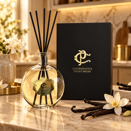 Golden Vanilla – diffuseur à bâtonnets en ambiance intérieure élégante